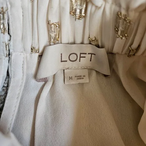 LOFT Clip Ruffle Smocked Blouse Women SZ Medium gauzy top lightweight lined Gold - Picture 9 of 15